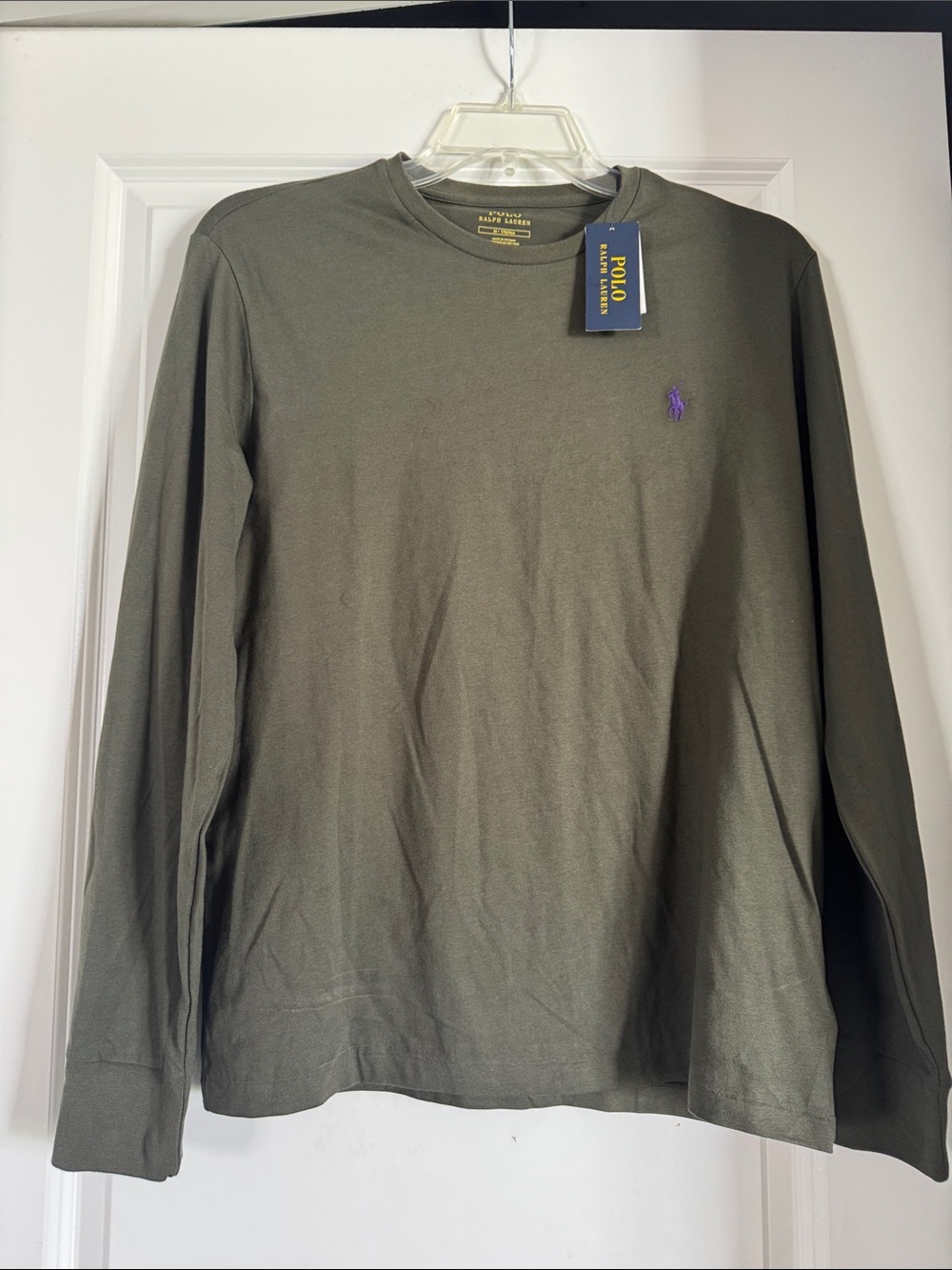 Polo by Ralph Lauren Olive Green Long Sleeve Crewneck with Purple Pony(1064)